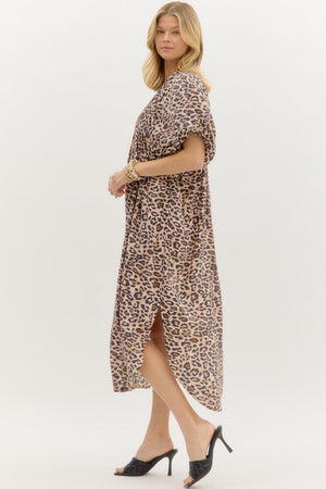 ENTRO INC Women's Dresses Leopard Print Smocked Front Hook & Eye Closure Pullover Midi Dress