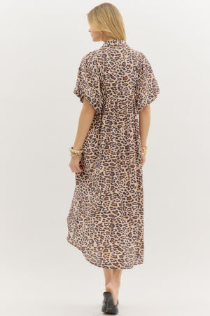 ENTRO INC Women's Dresses Leopard Print Smocked Front Hook & Eye Closure Pullover Midi Dress
