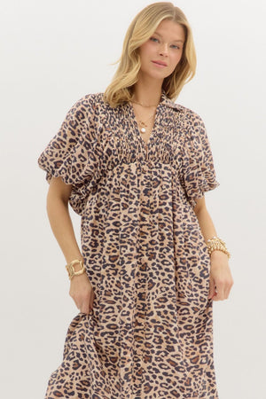 ENTRO INC Women's Dresses Leopard Print Smocked Front Hook & Eye Closure Pullover Midi Dress