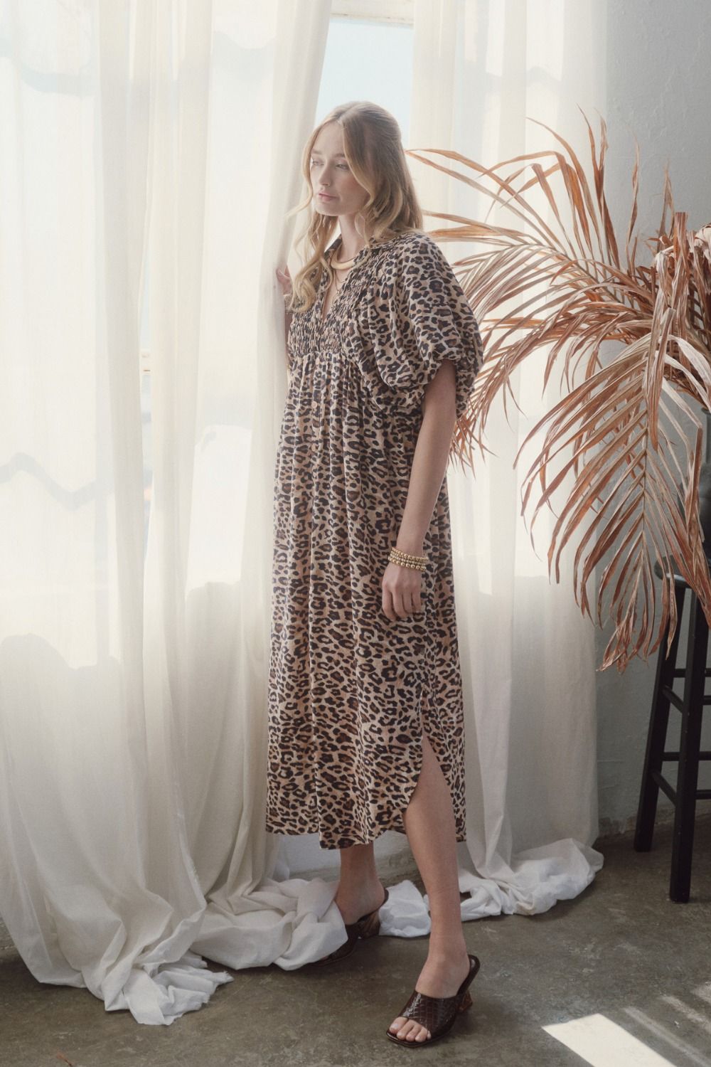 ENTRO INC Women's Dresses Leopard Print Smocked Front Hook & Eye Closure Pullover Midi Dress