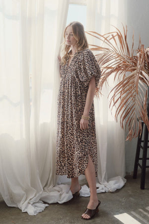 ENTRO INC Women's Dresses Leopard Print Smocked Front Hook & Eye Closure Pullover Midi Dress