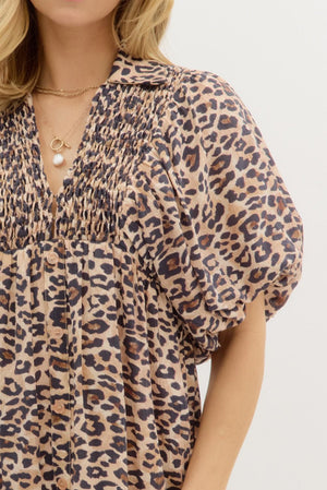 ENTRO INC Women's Dresses Leopard Print Smocked Front Hook & Eye Closure Pullover Midi Dress