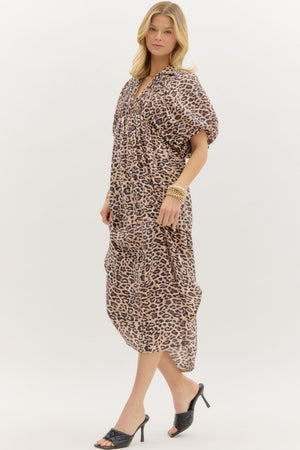 ENTRO INC Women's Dresses Leopard Print Smocked Front Hook & Eye Closure Pullover Midi Dress