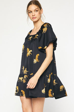 ENTRO INC Women's Dresses Leopard Print Square Neck Short Sleeve Mini Dress || David's Clothing
