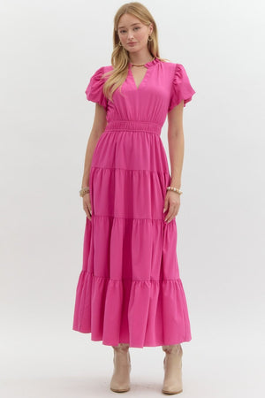 ENTRO INC Women's Dresses MAGENTA / S V-Neck Bubble Sleeve Tiered Midi Dress || David's Clothing D20735