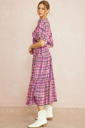 ENTRO INC Women's Dresses Multi-color Plaid Print Deep V-neck Midi Dress || David's Clothing
