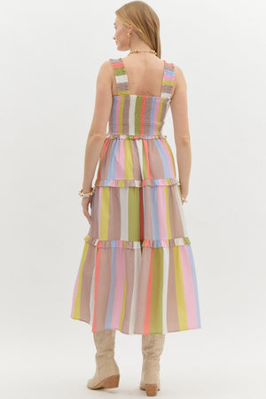 ENTRO INC Women's Dresses Multicolor Striped Tier Midi Dress || David's Clothing