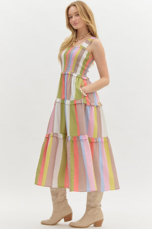 ENTRO INC Women's Dresses Multicolor Striped Tier Midi Dress || David's Clothing