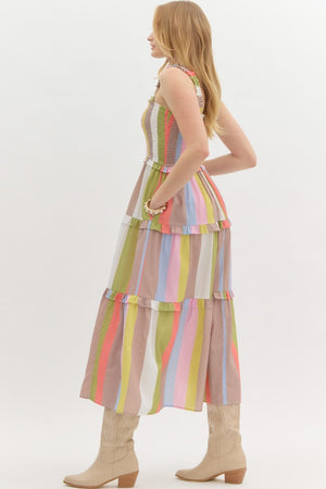 ENTRO INC Women's Dresses Multicolor Striped Tier Midi Dress || David's Clothing