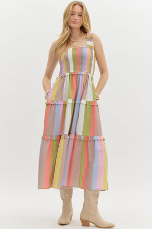 ENTRO INC Women's Dresses Multicolor Striped Tier Midi Dress || David's Clothing