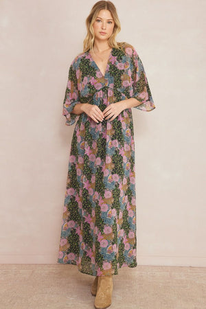 ENTRO INC Women's Dresses NAVY / S Floral Print Deep V-neck 1/2 Sleeve Maxi Dress || David's Clothing D21166
