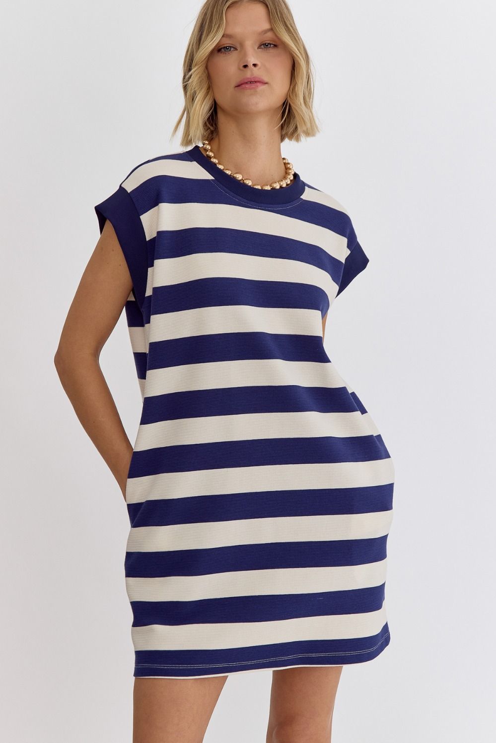 ENTRO INC Women's Dresses NAVY / S Stripe Sleeveless Mini Dress || David's Clothing D22406