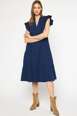 ENTRO INC Women's Dresses NAVY / S V-Neck Short Sleeve Tiered Midi Dress || David's Clothing D18817