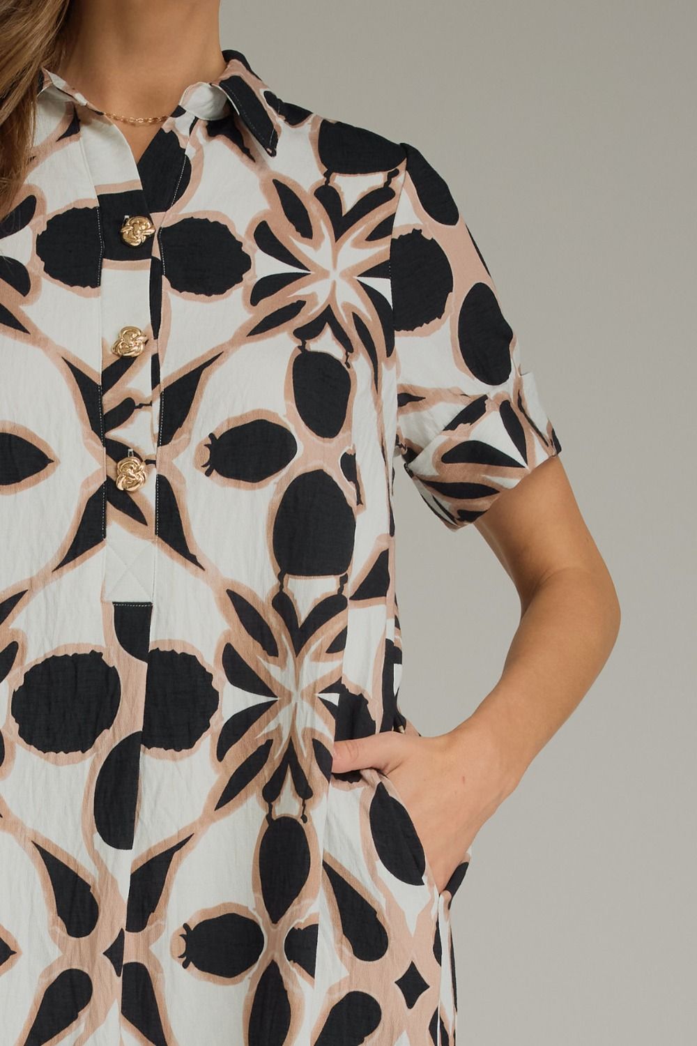 ENTRO INC Women's Dresses Pattern Print Short Sleeve Midi Shirt Dress