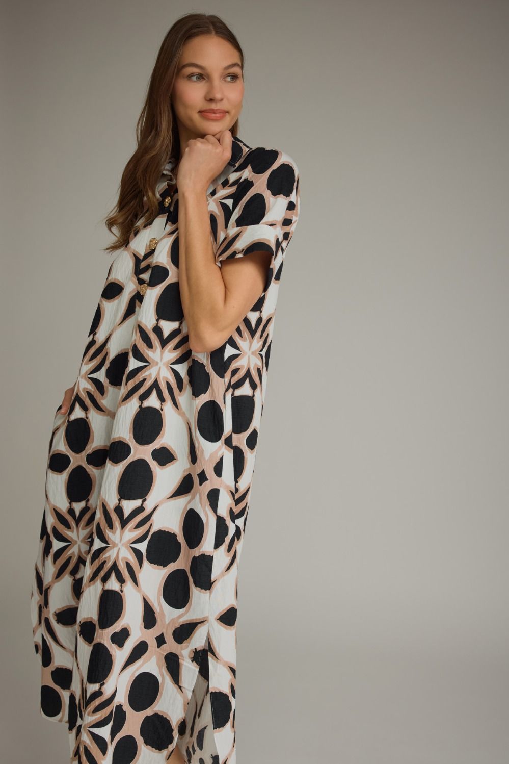 ENTRO INC Women's Dresses Pattern Print Short Sleeve Midi Shirt Dress
