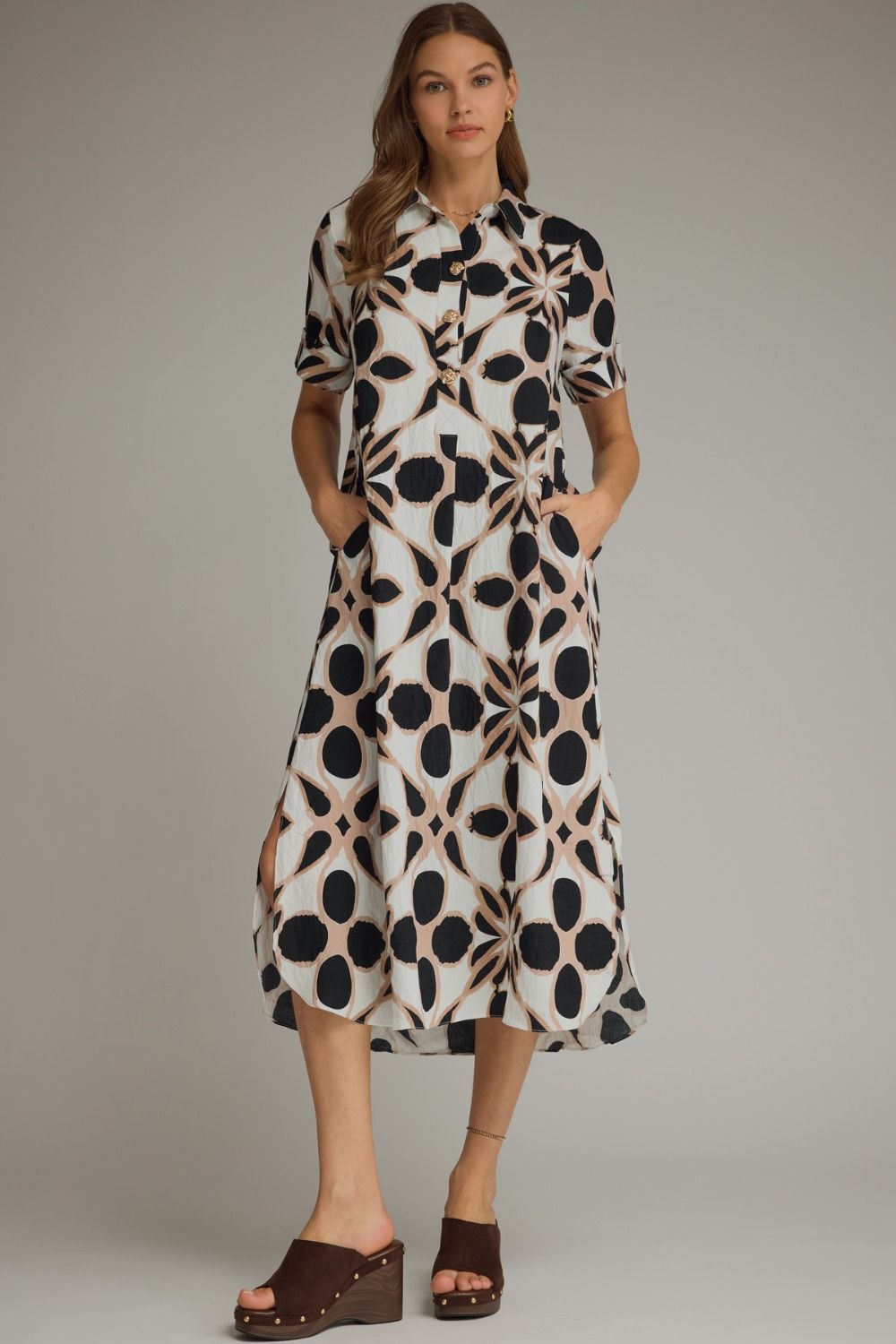 ENTRO INC Women's Dresses Pattern Print Short Sleeve Midi Shirt Dress