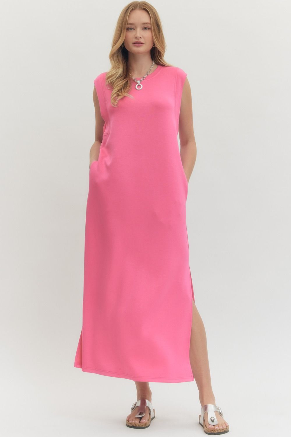 ENTRO INC Women's Dresses PINK / S Solid Jersey Knit Pullover Midi Dress || David's Clothing D27101