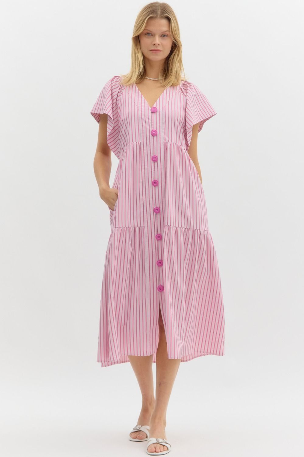 ENTRO INC Women's Dresses PINK / S Striped Flutter Button Sleeve Midi Dress || David's Clothing D25665