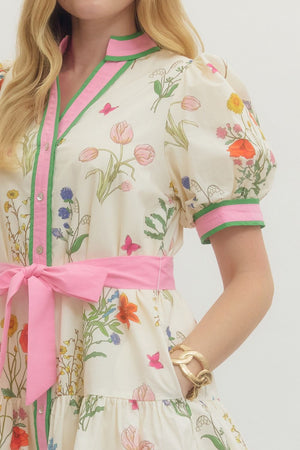 ENTRO INC Women's Dresses Pink Tie Floral puff sleeve mini dress