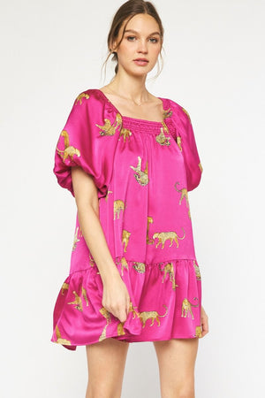 ENTRO INC Women's Dresses PLUM / S Leopard Print Square Neck Short Sleeve Mini Dress || David's Clothing D21033
