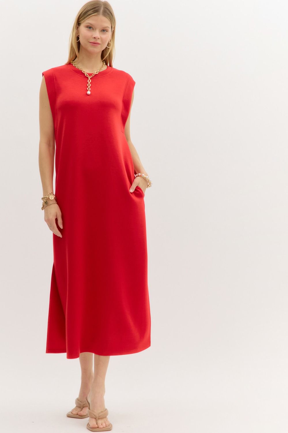 ENTRO INC Women's Dresses RED / S Solid Jersey Knit Pullover Midi Dress || David's Clothing D27101