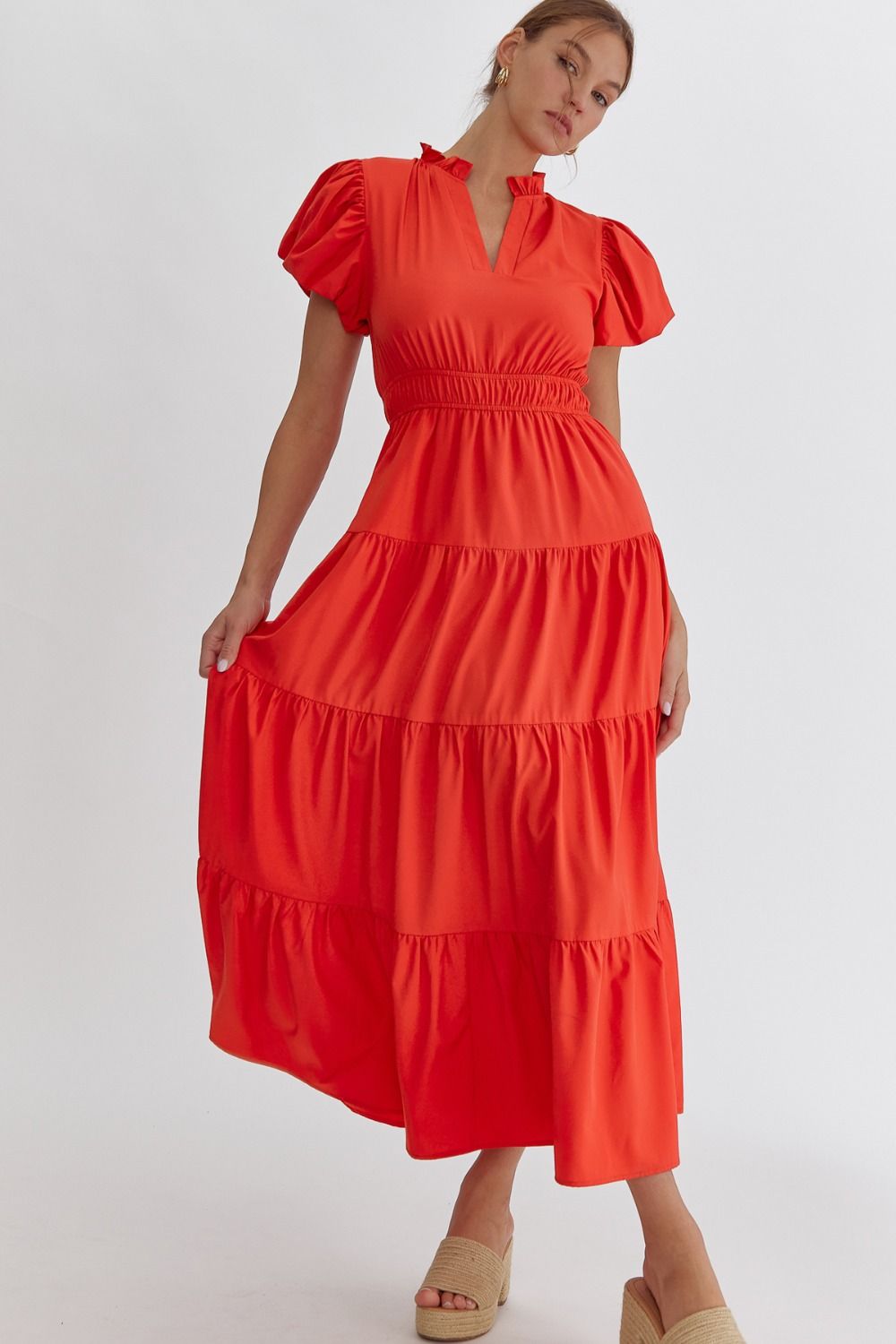 ENTRO INC Women's Dresses RED / S V-Neck Bubble Sleeve Tiered Midi Dress || David's Clothing D20735