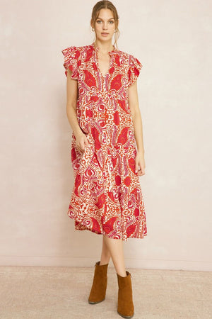 ENTRO INC Women's Dresses RUBY / S Floral Printed Ruffled Sleeve Midi Dress || David's Clothing D21414