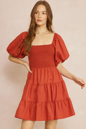 ENTRO INC Women's Dresses RUST / S Square Neck Puff Sleeve Tiered Mini Dress || David's Clothing D20231