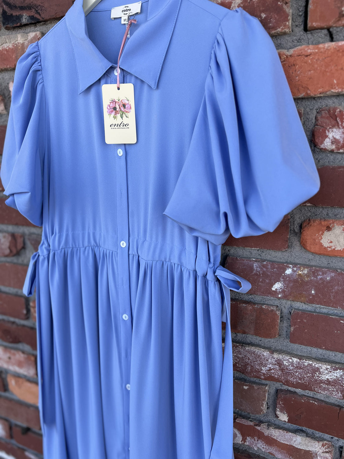 ENTRO INC Women's Dresses Shirt Collar Button Closure Short Bubble Sleeve Midi Dress