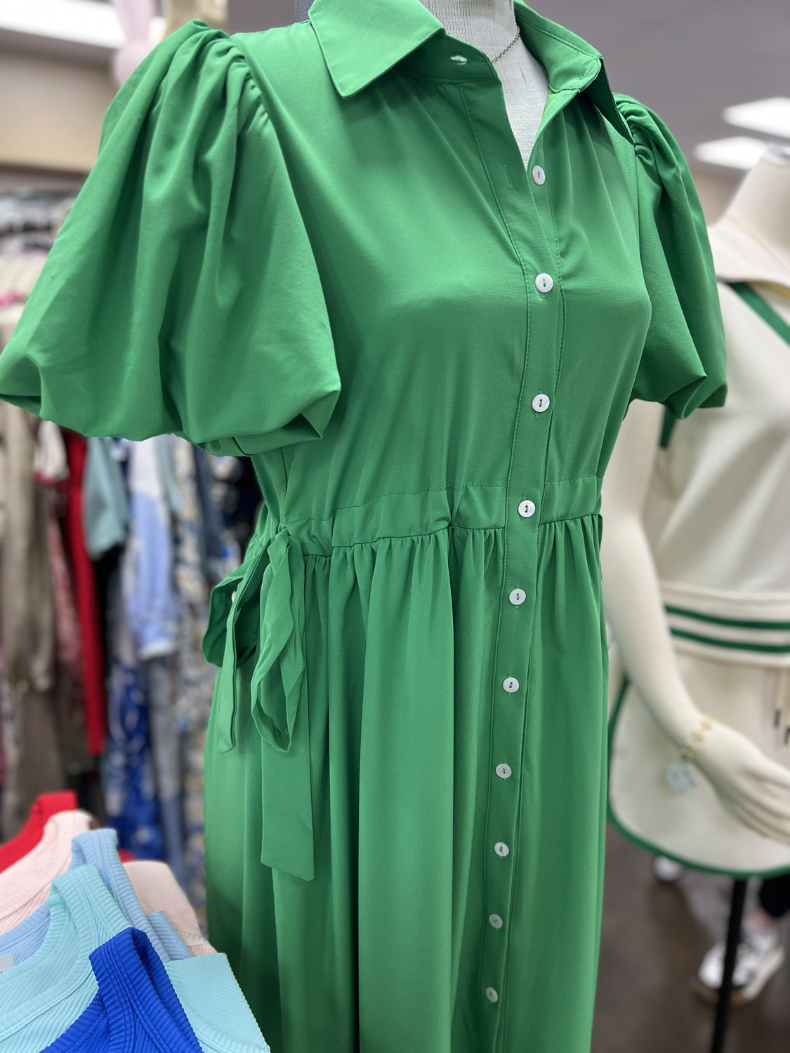 ENTRO INC Women's Dresses Shirt Collar Button Closure Short Bubble Sleeve Midi Dress