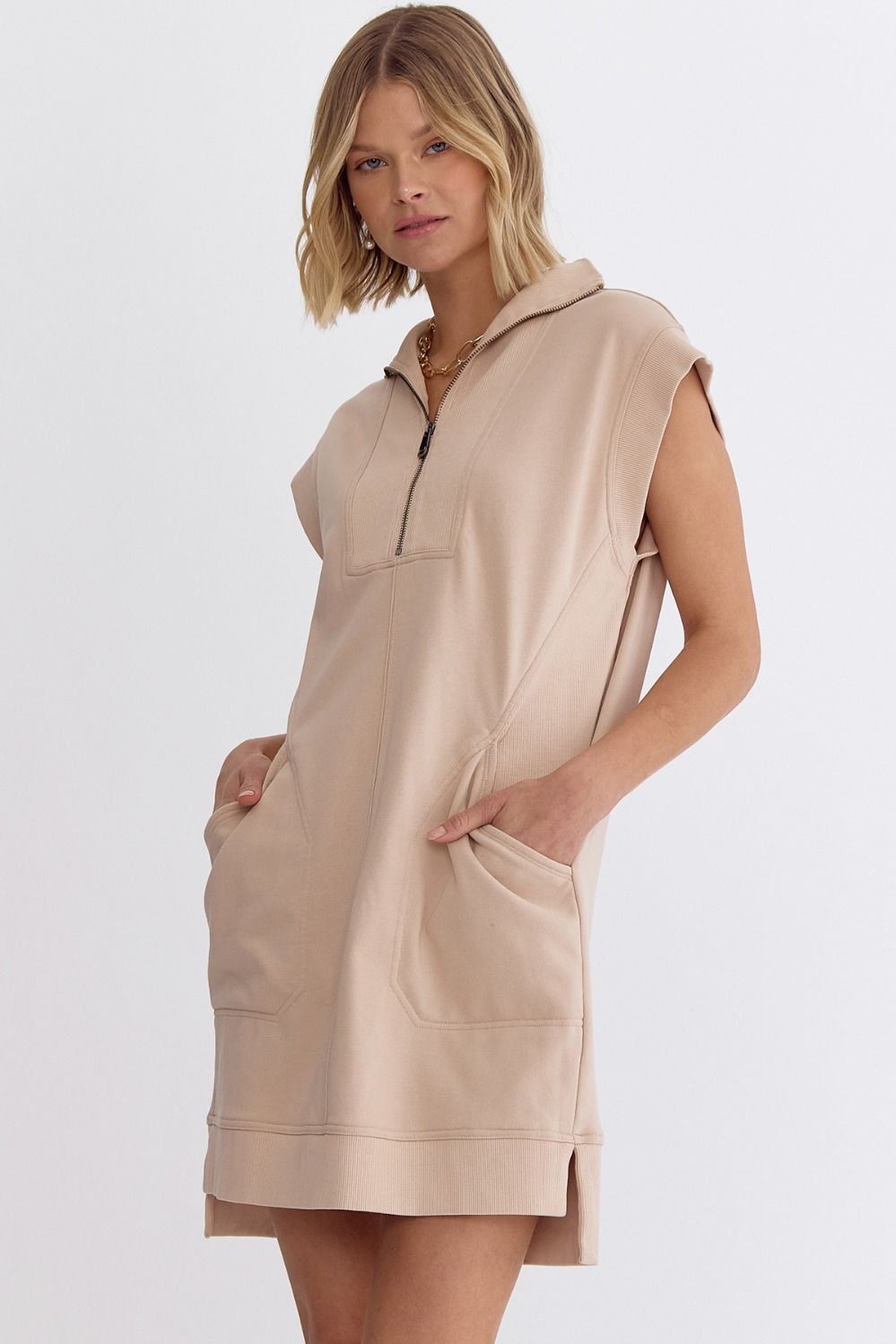 ENTRO INC Women's Dresses TAUPE / S Solid Mock-Neck Sleeveless Mini Dress || David's Clothing D22130