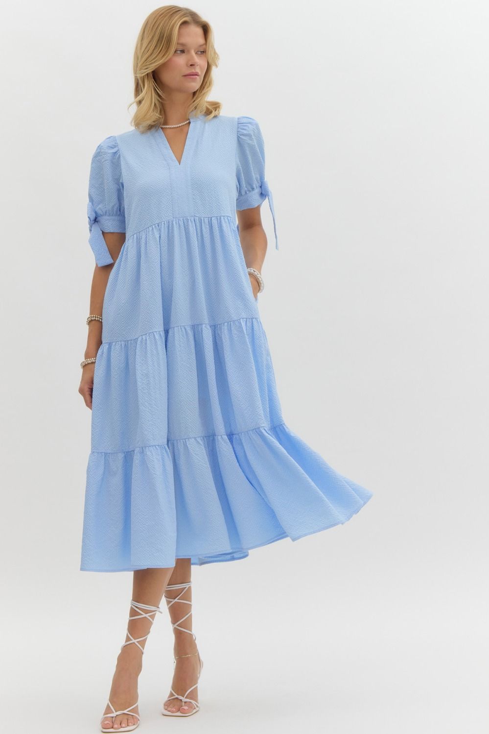 ENTRO INC Women's Dresses Solid Textured Tiered Pullover Midi Dress || David's Clothing