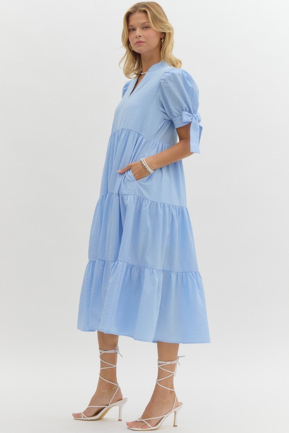 ENTRO INC Women's Dresses Solid Textured Tiered Pullover Midi Dress || David's Clothing
