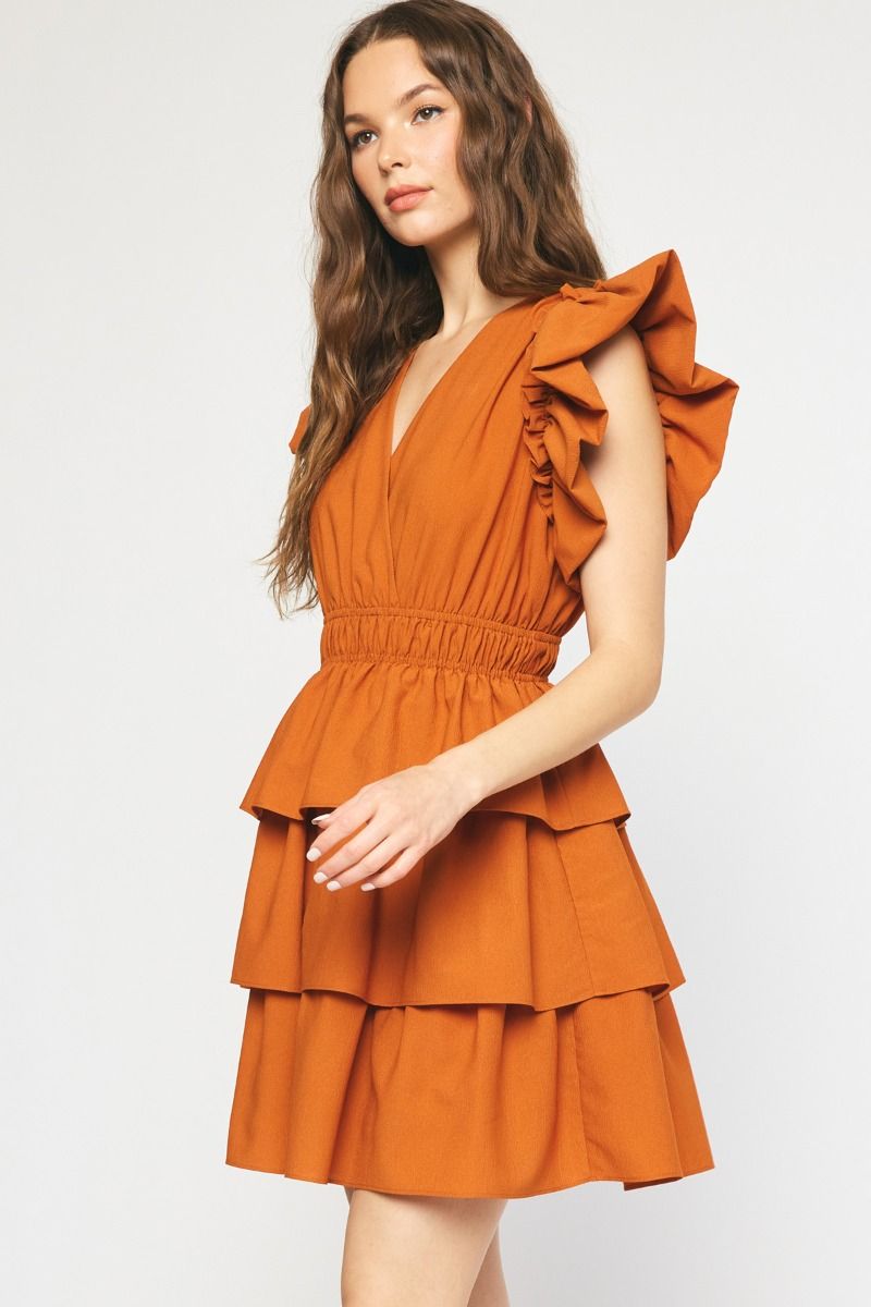 ENTRO INC Women's Dresses Solid V-Neck Ruffle Sleeve Mini Dress || David's Clothing