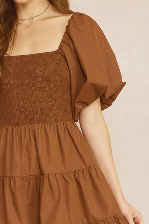ENTRO INC Women's Dresses Square Neck Puff Sleeve Tiered Mini Dress || David's Clothing