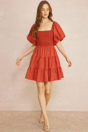 ENTRO INC Women's Dresses Square Neck Puff Sleeve Tiered Mini Dress || David's Clothing