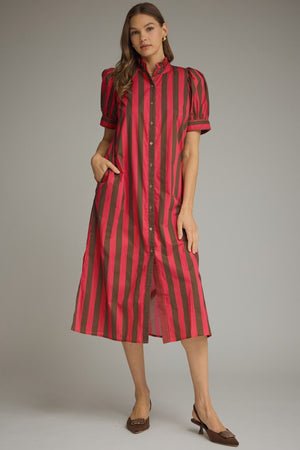 ENTRO INC Women's Dresses Stripe Print Short Puff Sleeve Midi Dress