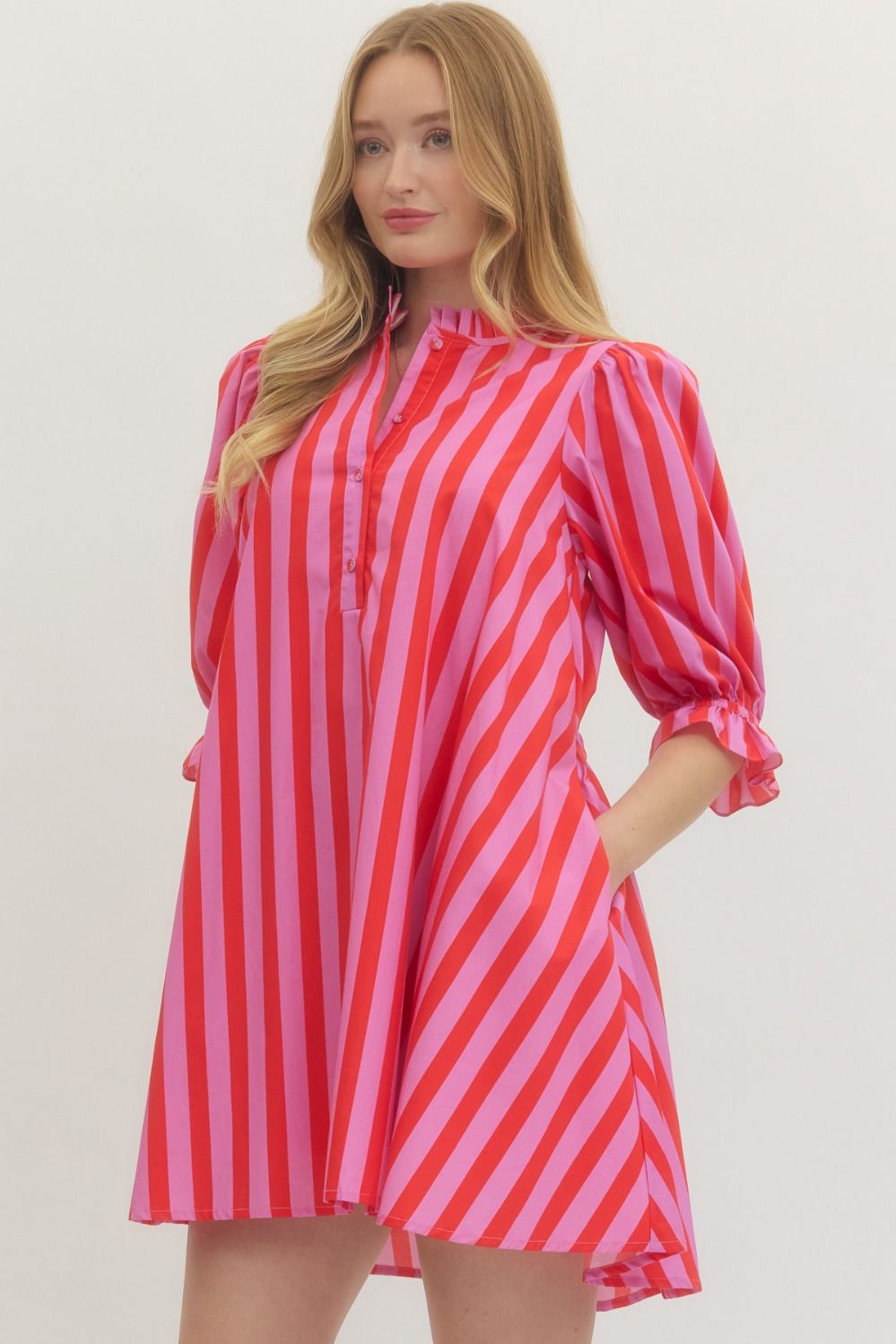 ENTRO INC Women's Dresses Striped 3/4 Puff Sleeve Mini Dress