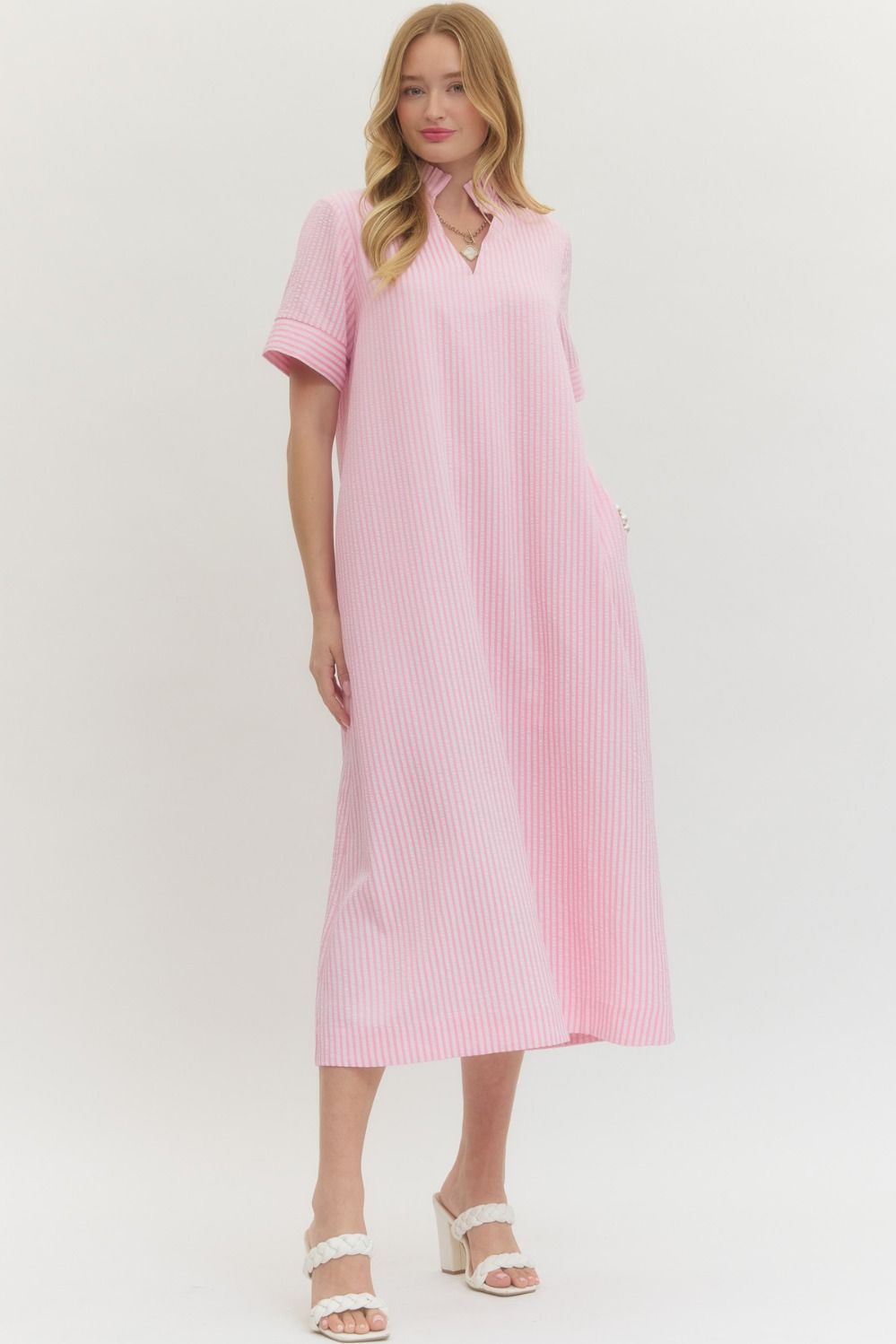 ENTRO INC Women's Dresses Striped Short Sleeve Midi Dress