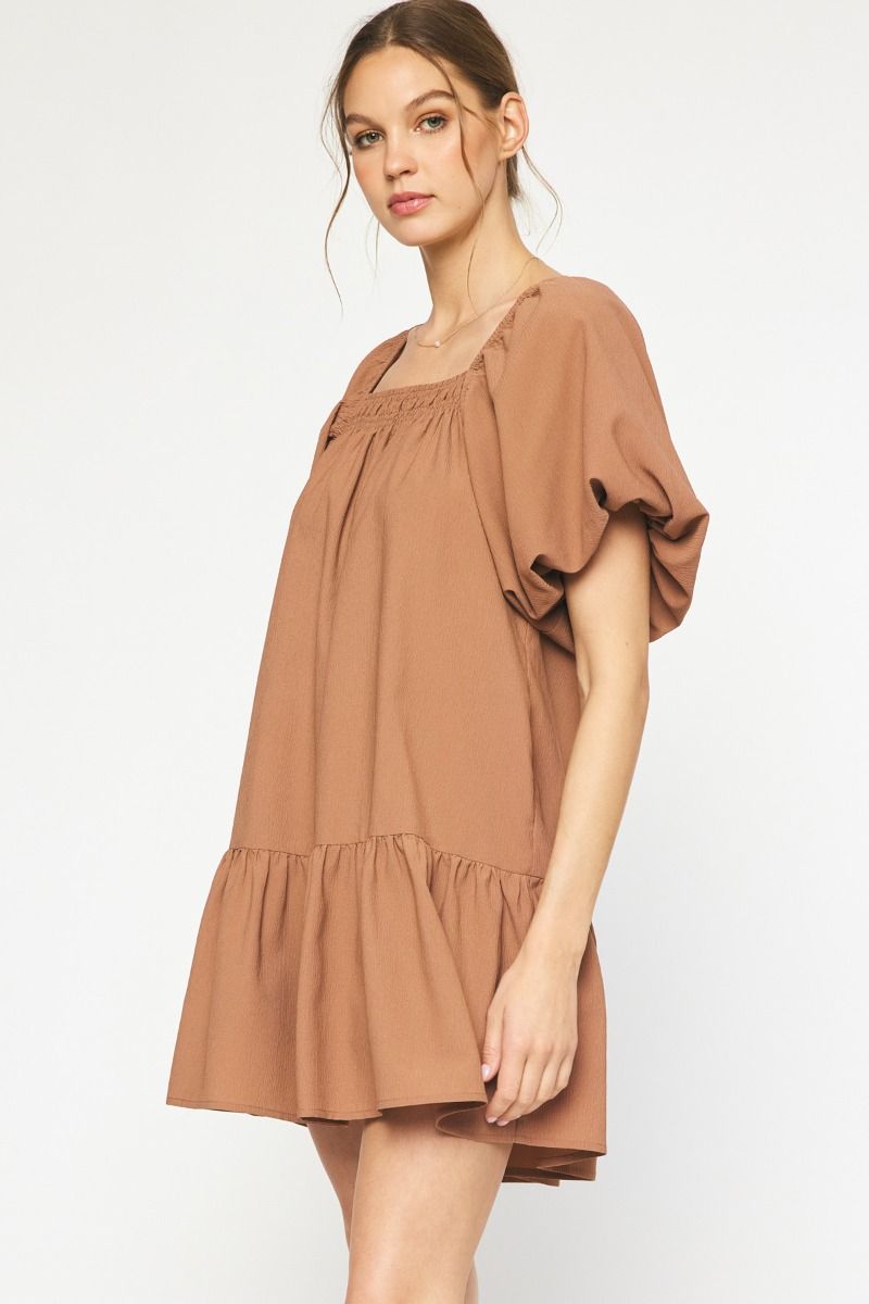 ENTRO INC Women's Dresses CAMEL / S Textured Puff Sleeve Dress || David's Clothing D21198