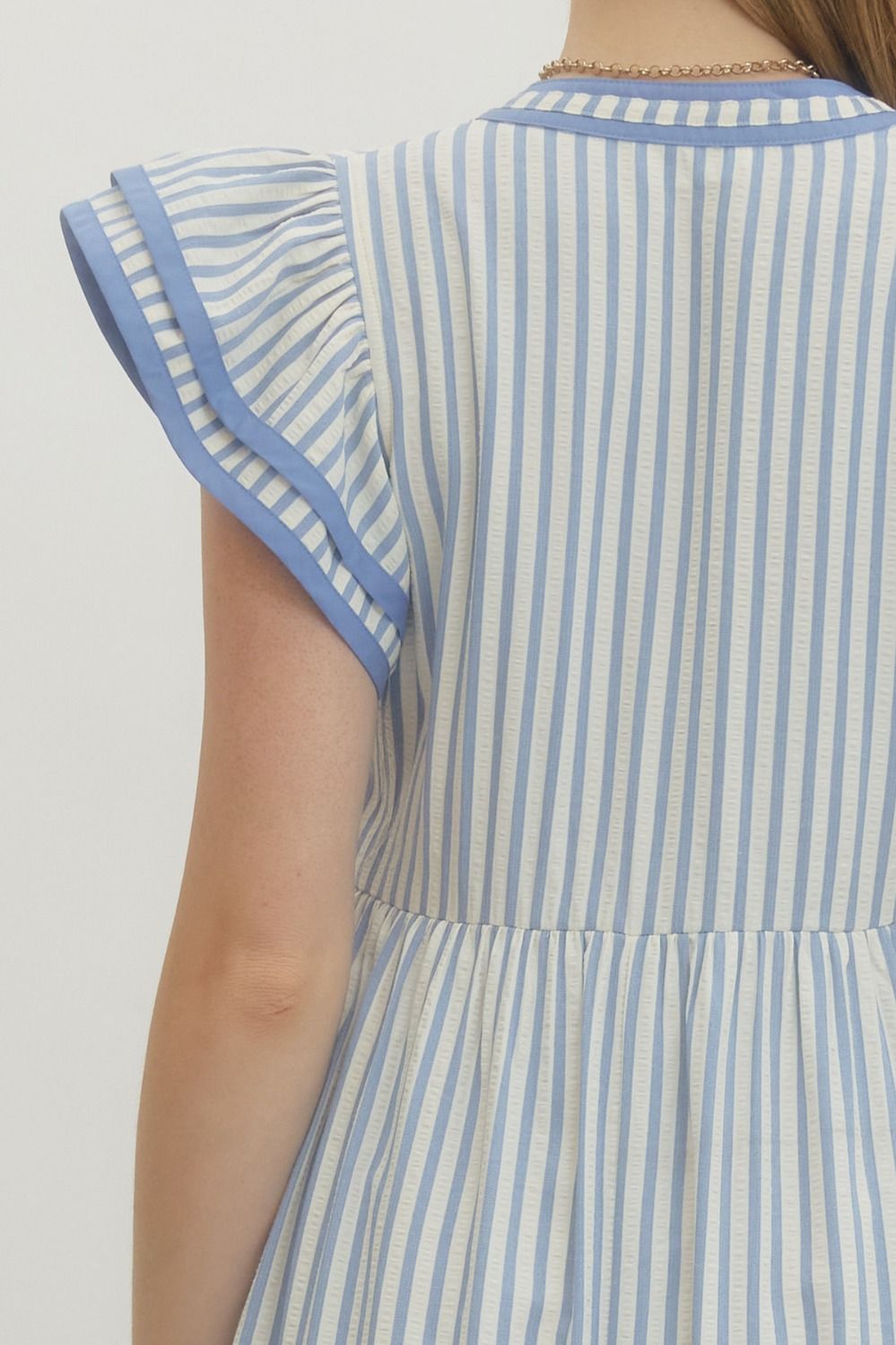 ENTRO INC Women's Dresses Textured stripe pattern tiered ruffle flutter sleeve