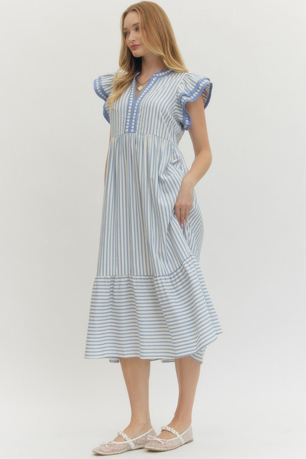 ENTRO INC Women's Dresses Textured stripe pattern tiered ruffle flutter sleeve