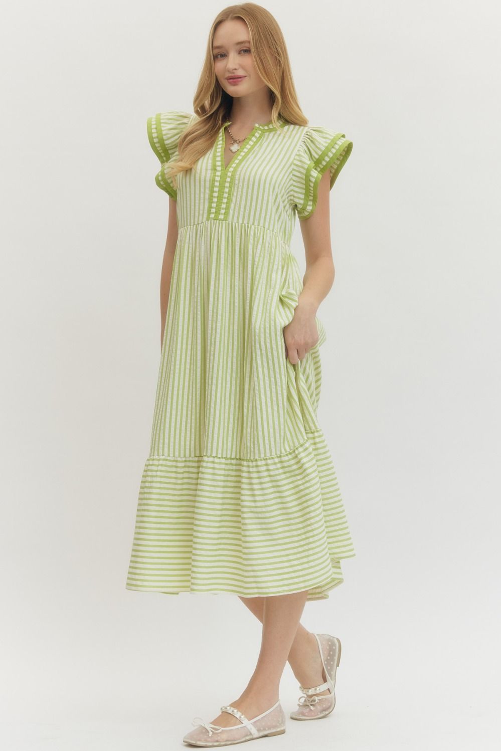 ENTRO INC Women's Dresses Textured stripe pattern tiered ruffle flutter sleeve