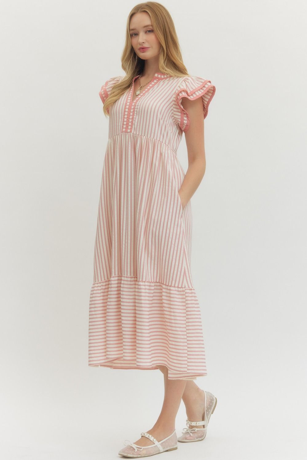 ENTRO INC Women's Dresses LT PINK / S Textured stripe pattern tiered ruffle flutter sleeve D26444SPRING