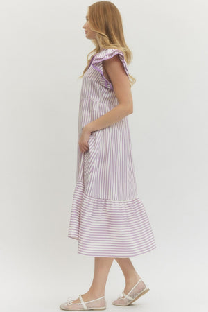 ENTRO INC Women's Dresses Textured stripe pattern tiered ruffle flutter sleeve