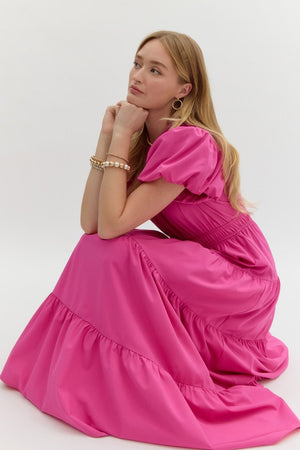 ENTRO INC Women's Dresses V-Neck Bubble Sleeve Tiered Midi Dress || David's Clothing
