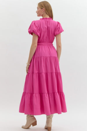 ENTRO INC Women's Dresses V-Neck Bubble Sleeve Tiered Midi Dress || David's Clothing