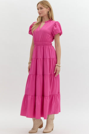 ENTRO INC Women's Dresses V-Neck Bubble Sleeve Tiered Midi Dress || David's Clothing
