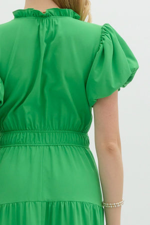 ENTRO INC Women's Dresses V-Neck Bubble Sleeve Tiered Midi Dress || David's Clothing