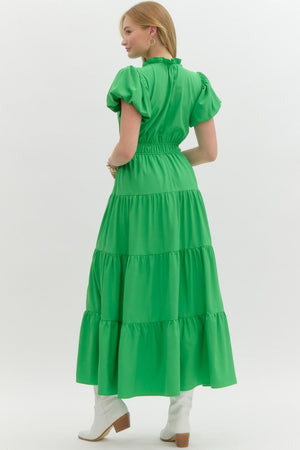 ENTRO INC Women's Dresses V-Neck Bubble Sleeve Tiered Midi Dress || David's Clothing